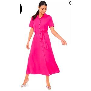 CeCe Womens Pink Button-Down Short Sleeve Midi Dress With Waist Tie